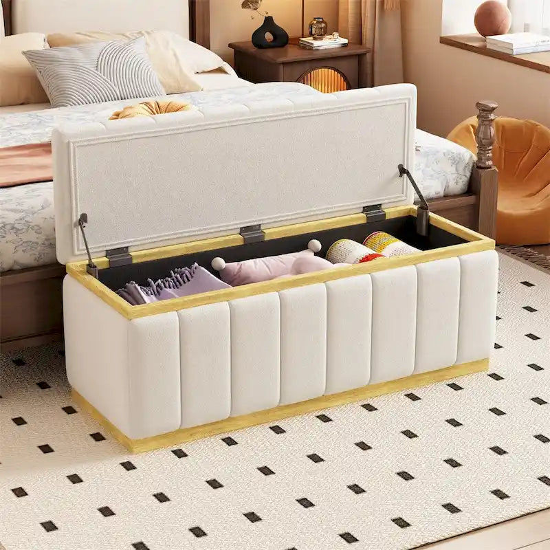 Banc de rangement moderne en tissu de lin Rembourré+Cadre en bois massif