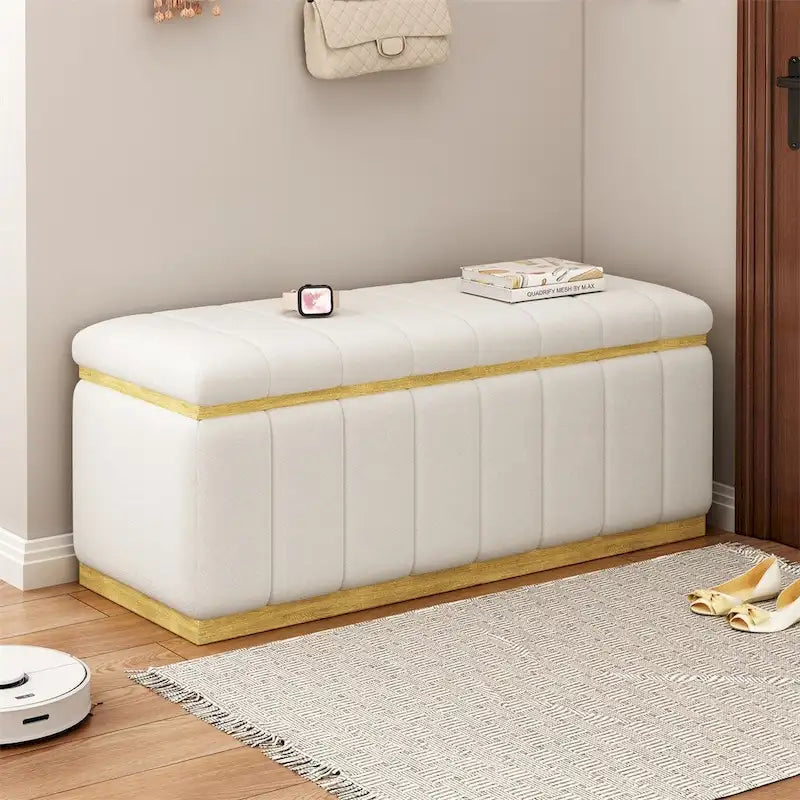 Banc de rangement moderne en tissu de lin Rembourré+Cadre en bois massif
