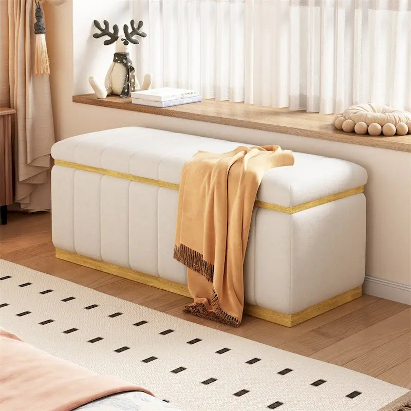 Banc de rangement moderne en tissu de lin Rembourré+Cadre en bois massif