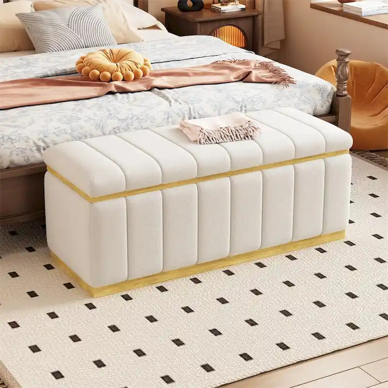 Banc de rangement moderne en tissu de lin Rembourré+Cadre en bois massif
