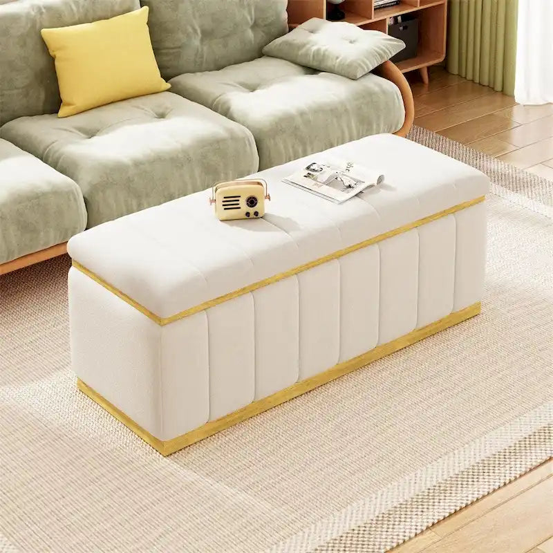 Banc de rangement moderne en tissu de lin Rembourré+Cadre en bois massif