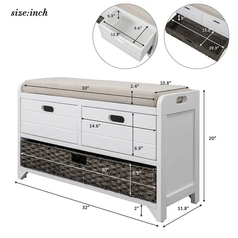 Banc de rangement capitonné polyvalent pour entrée de ferme 32 po