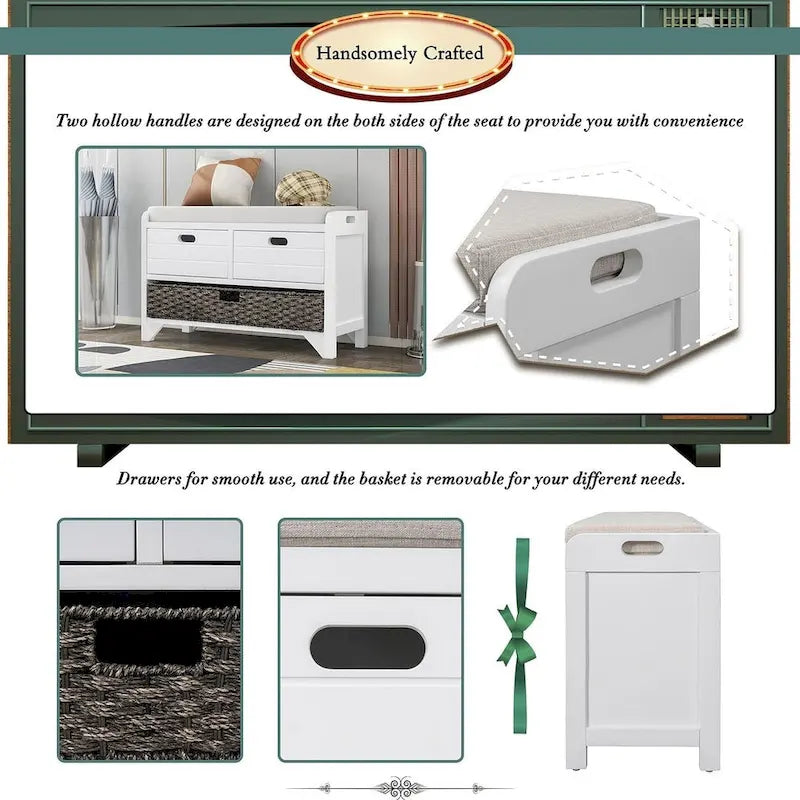 Banc de rangement capitonné polyvalent pour entrée de ferme 32 po