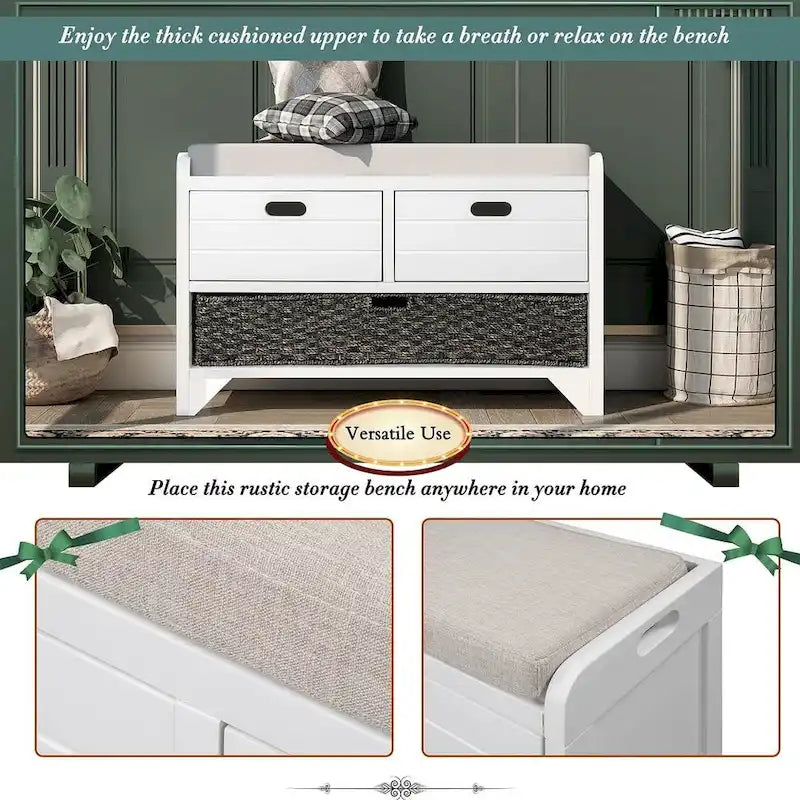 Banc de rangement capitonné polyvalent pour entrée de ferme 32 po