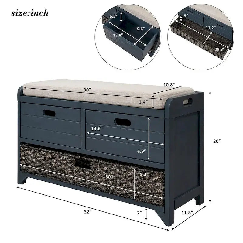 Banc de rangement capitonné polyvalent pour entrée de ferme 32 po
