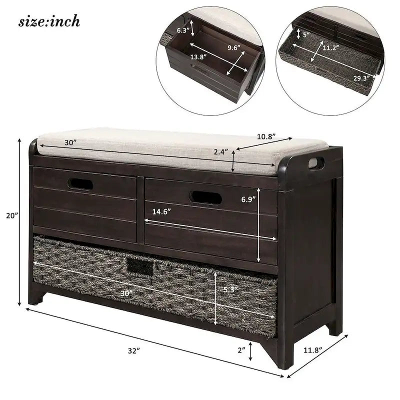 Banc de rangement capitonné polyvalent pour entrée de ferme 32 po
