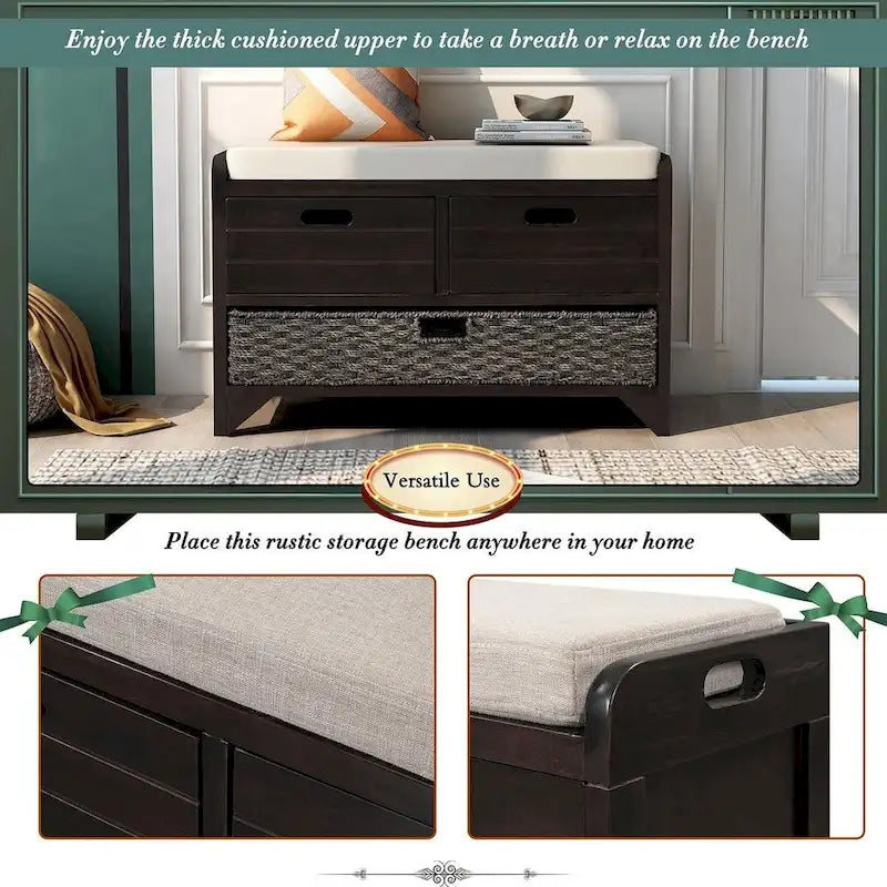 Banc de rangement capitonné polyvalent pour entrée de ferme 32 po