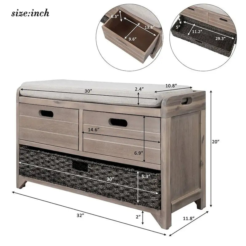Banc de rangement capitonné polyvalent pour entrée de ferme 32 po