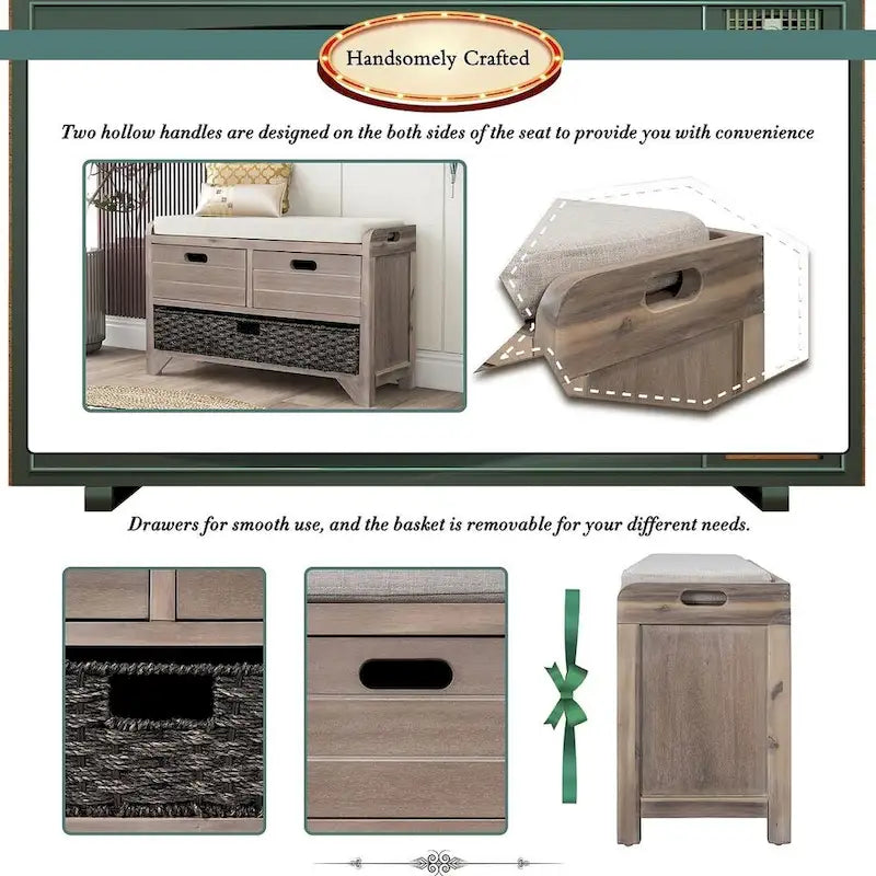 Banc de rangement capitonné polyvalent pour entrée de ferme 32 po