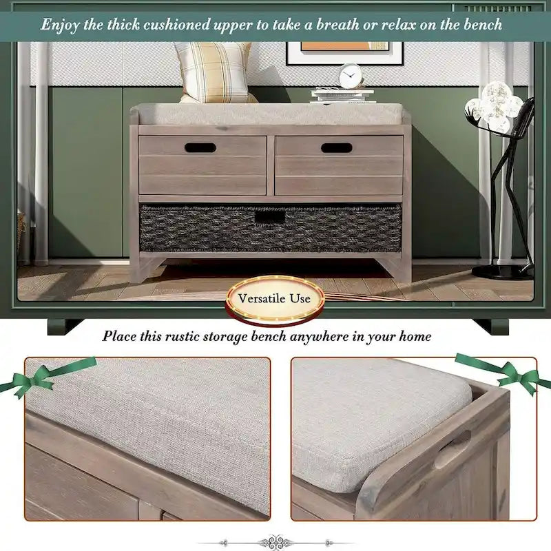 Banc de rangement capitonné polyvalent pour entrée de ferme 32 po