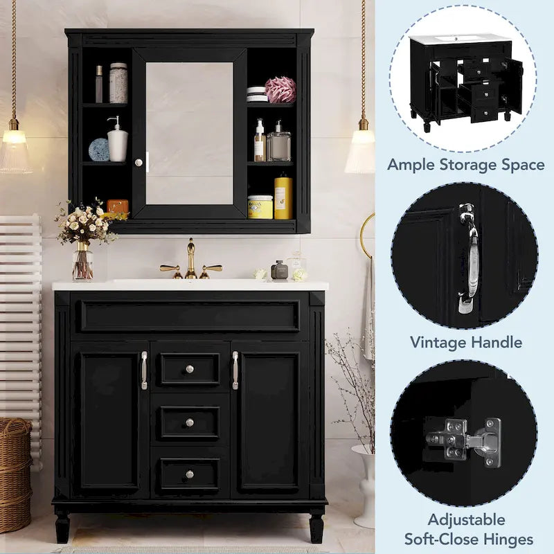 Meuble-lavabo de salle de bain de 36 po avec évier, armoire de rangement de salle de bain moderne