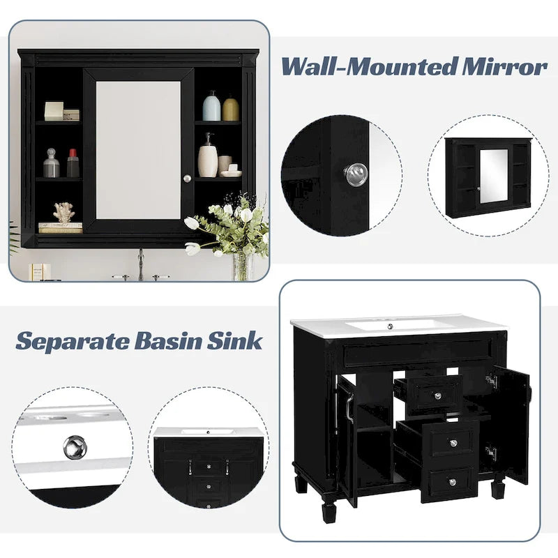 Meuble-lavabo de salle de bain de 36 po avec évier, armoire de rangement de salle de bain moderne