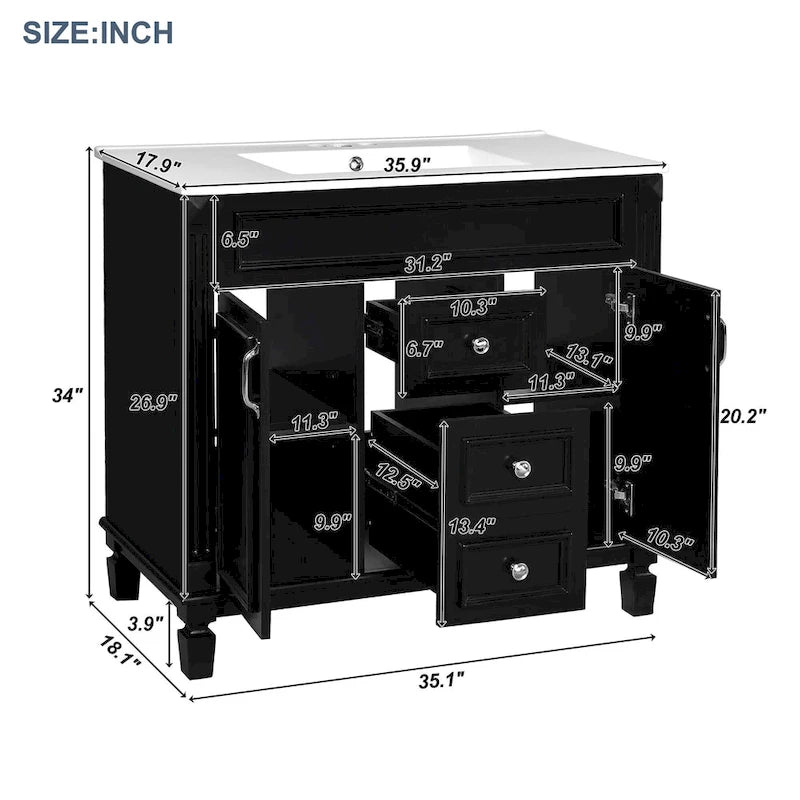 Meuble-lavabo de salle de bain de 36 po avec évier, armoire de rangement de salle de bain moderne
