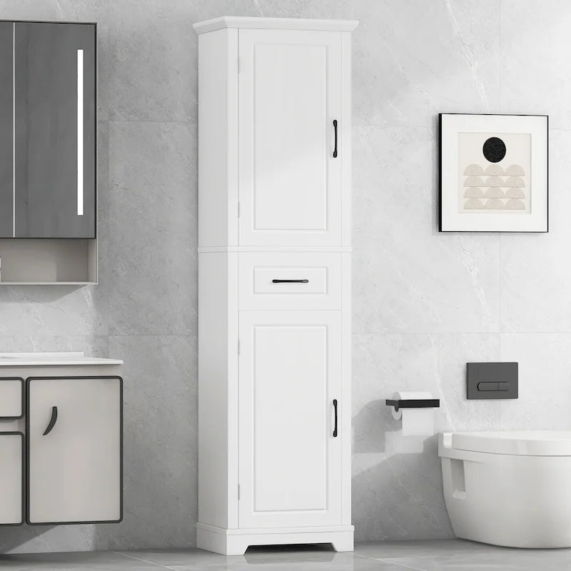 Meuble de salle de bain autoportant polyvalent avec étagères réglables et multiples options de rangement