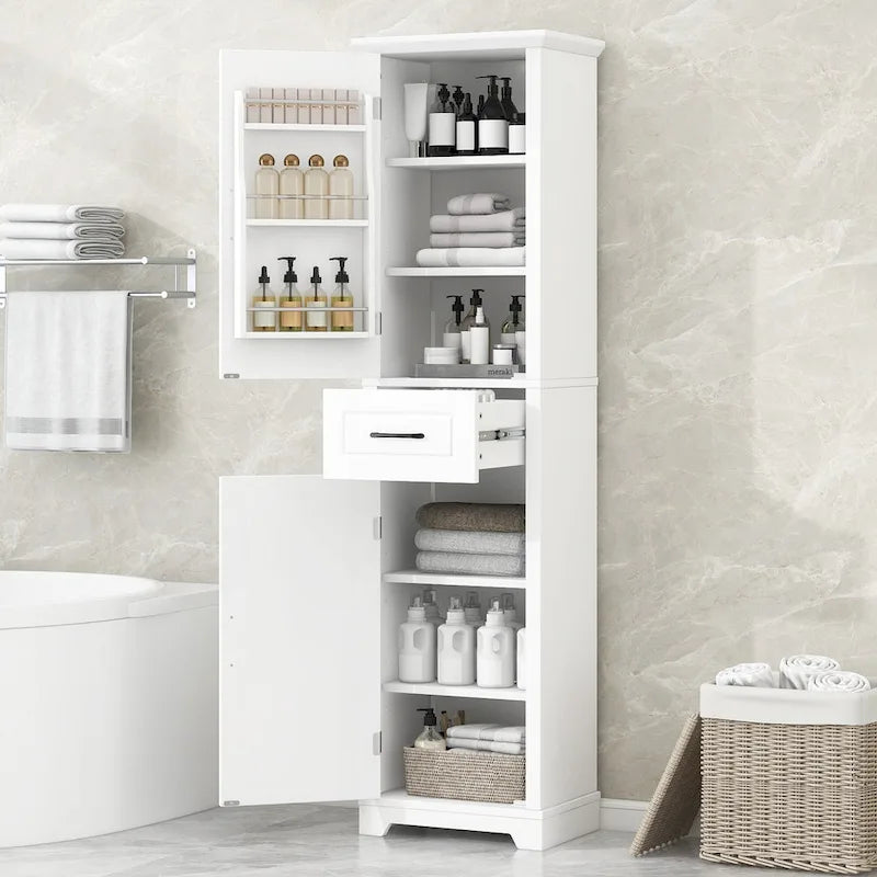 Meuble de salle de bain autoportant polyvalent avec étagères réglables et multiples options de rangement