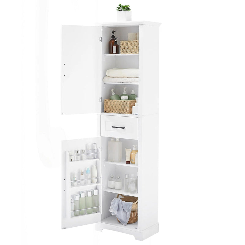 Meuble de salle de bain autoportant polyvalent avec étagères réglables et multiples options de rangement