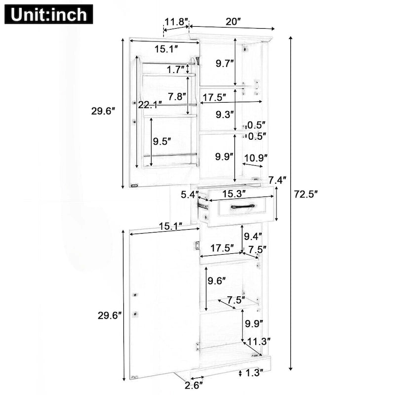 Meuble de salle de bain autoportant polyvalent avec étagères réglables et multiples options de rangement