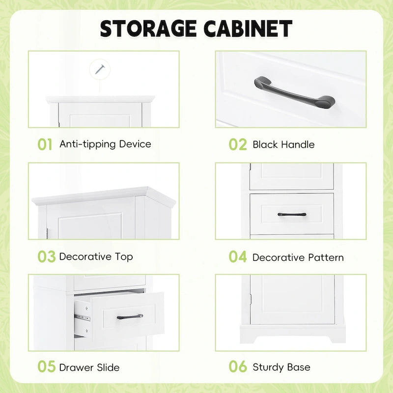Meuble de salle de bain autoportant polyvalent avec étagères réglables et multiples options de rangement