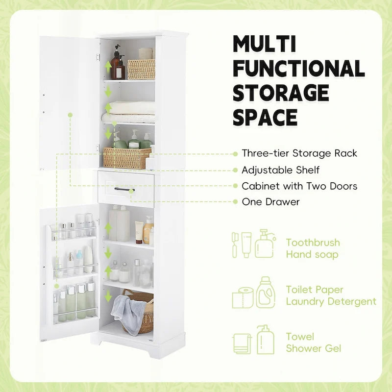 Meuble de salle de bain autoportant polyvalent avec étagères réglables et multiples options de rangement