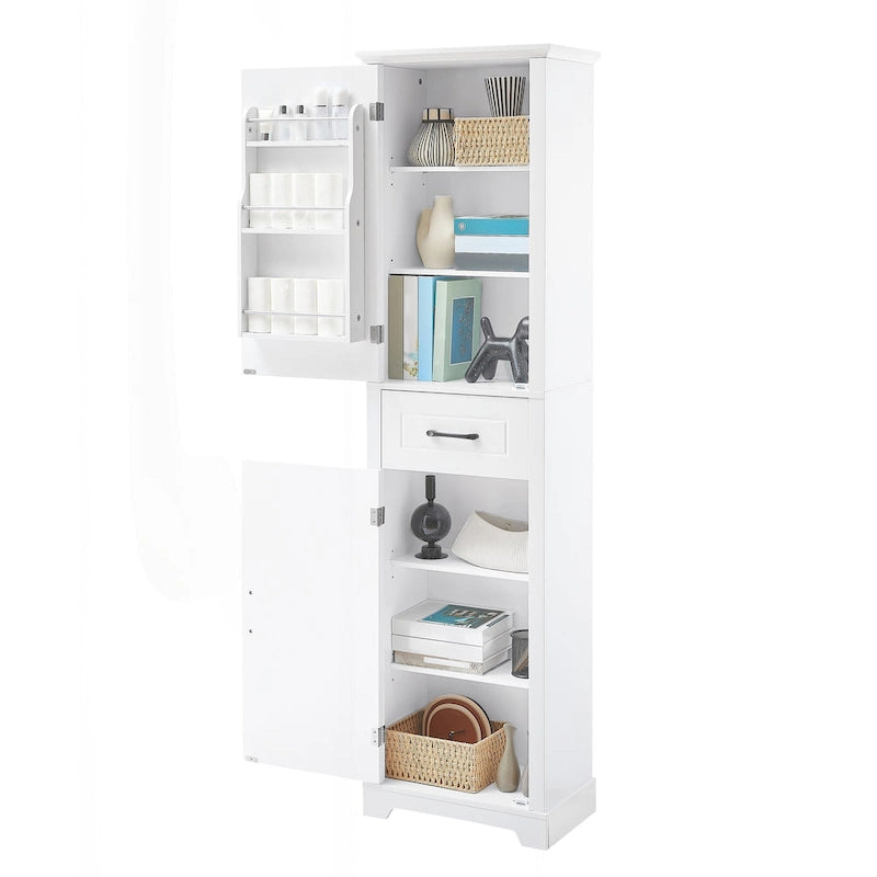 Meuble de salle de bain autoportant polyvalent avec étagères réglables et multiples options de rangement