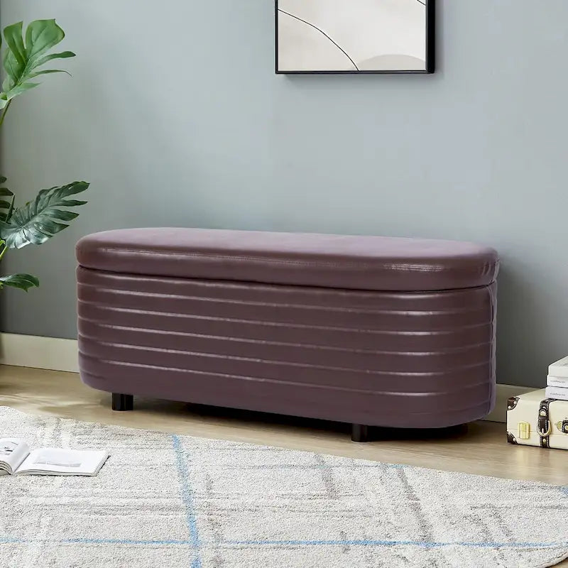 Banc de rangement moderne en cuir synthétique, Pouf capitonné pour entrée