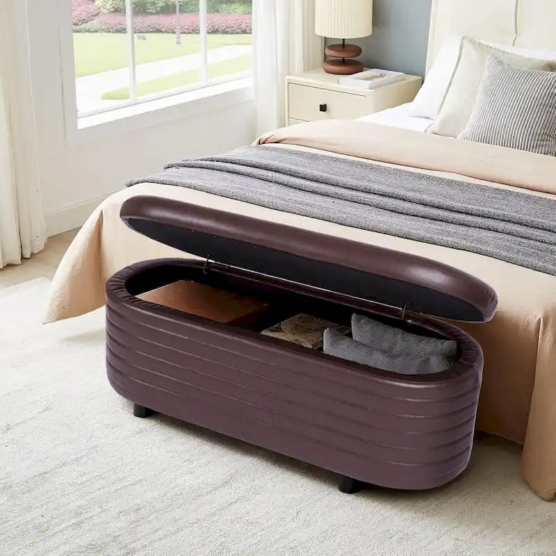 Banc de rangement moderne en cuir synthétique, Pouf capitonné pour entrée