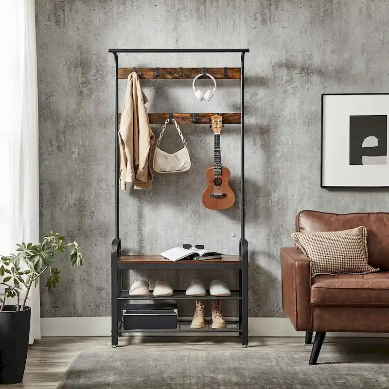 Portant à vêtements, meuble d'entrée avec banc à chaussures