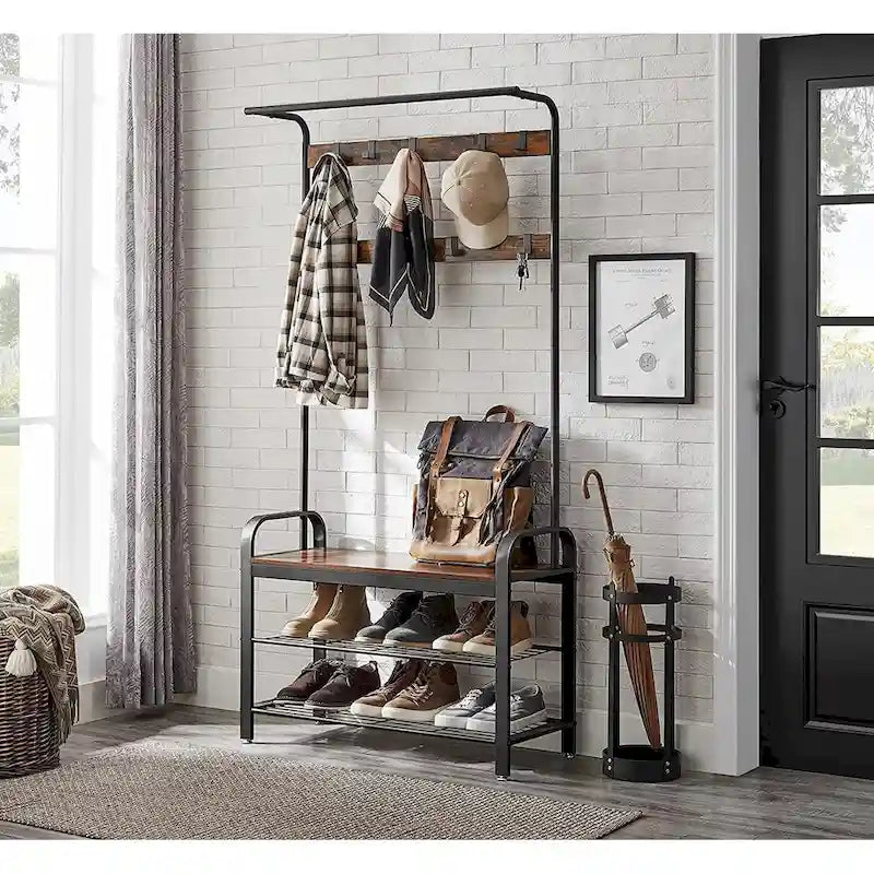 Portant à vêtements, meuble d'entrée avec banc à chaussures
