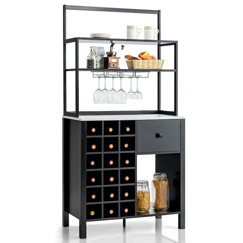 Étagère de Cuisine, Meuble de Rangement Autonome avec Porte-Verres et Casier à Vin