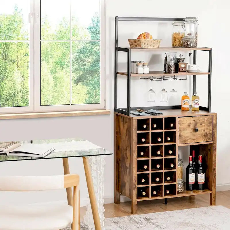 Étagère de Cuisine, Meuble de Rangement Autonome avec Porte-Verres et Casier à Vin