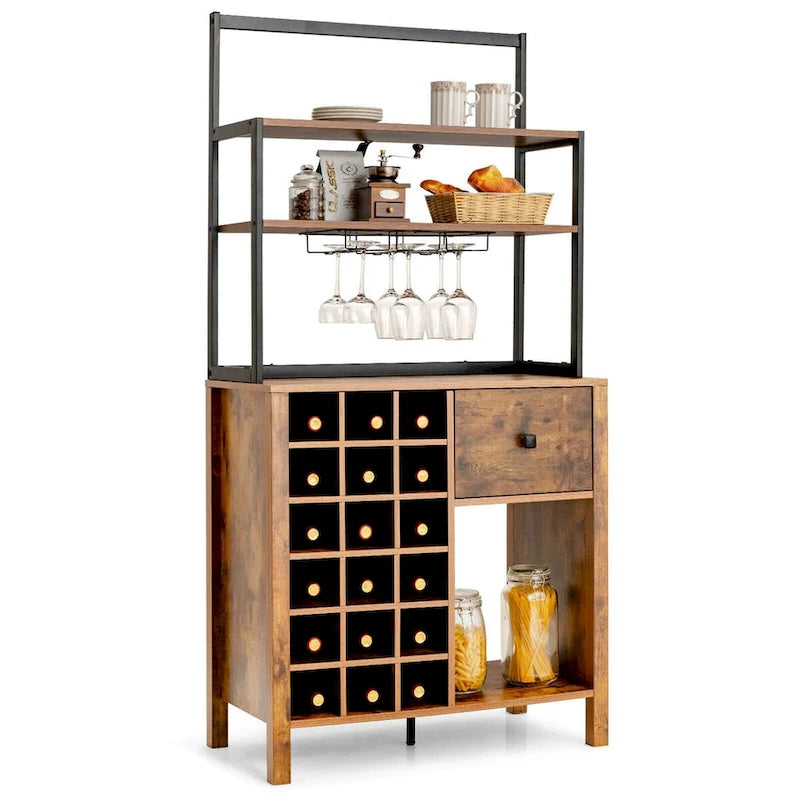Étagère de Cuisine, Meuble de Rangement Autonome avec Porte-Verres et Casier à Vin