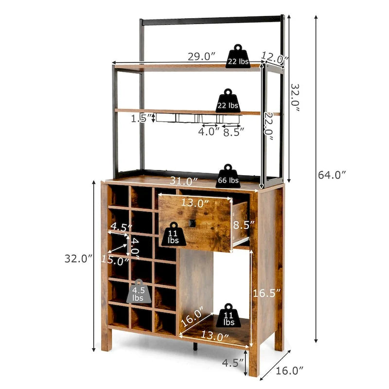 Étagère de Cuisine, Meuble de Rangement Autonome avec Porte-Verres et Casier à Vin