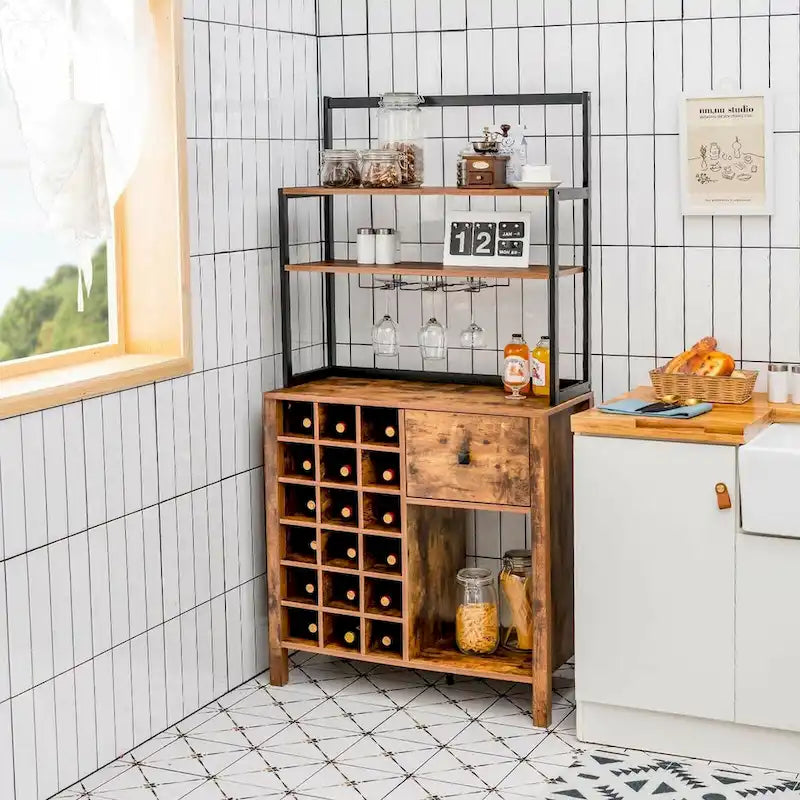 Étagère de Cuisine, Meuble de Rangement Autonome avec Porte-Verres et Casier à Vin