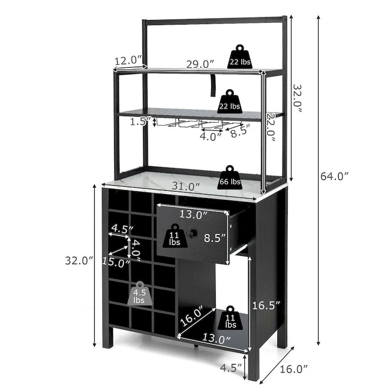 Étagère de Cuisine, Meuble de Rangement Autonome avec Porte-Verres et Casier à Vin