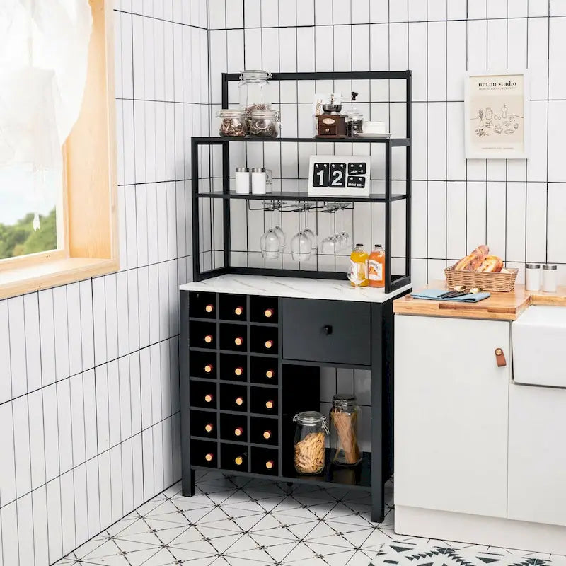 Étagère de Cuisine, Meuble de Rangement Autonome avec Porte-Verres et Casier à Vin
