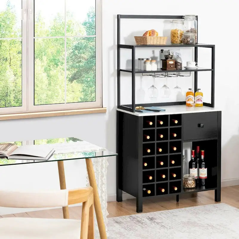 Étagère de Cuisine, Meuble de Rangement Autonome avec Porte-Verres et Casier à Vin