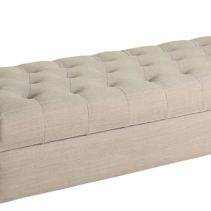 Banc en bois rembourré en tissu avec rangement supérieur à charnières capitonné, Beige
