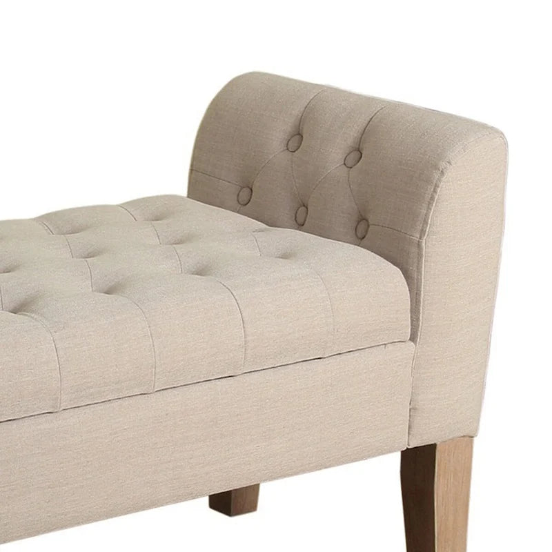 Banc en bois rembourré en tissu avec rangement supérieur à charnières capitonné, Beige
