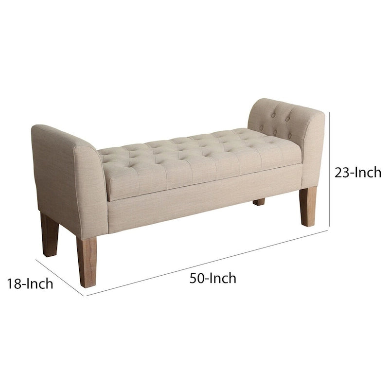Banc en bois rembourré en tissu avec rangement supérieur à charnières capitonné, Beige
