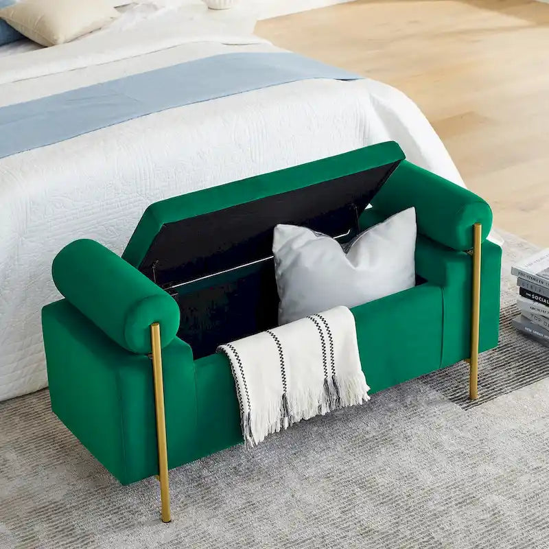 Banc de rangement élégant rembourré avec accoudoirs cylindriques et pieds en fer