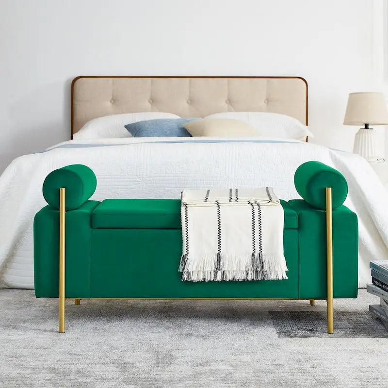 Banc de rangement élégant rembourré avec accoudoirs cylindriques et pieds en fer