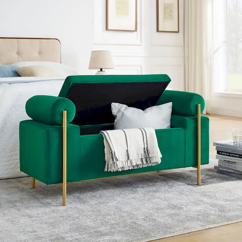 Banc de rangement élégant rembourré avec accoudoirs cylindriques et pieds en fer