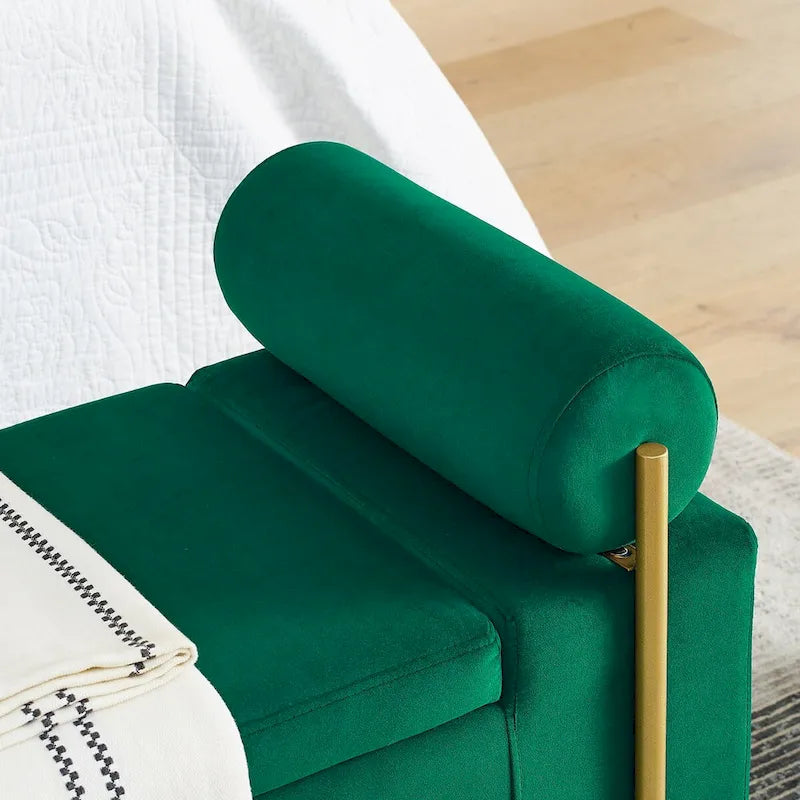 Banc de rangement élégant rembourré avec accoudoirs cylindriques et pieds en fer