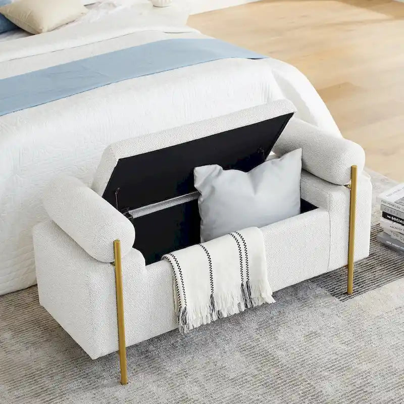 Banc de rangement élégant rembourré avec accoudoirs cylindriques et pieds en fer