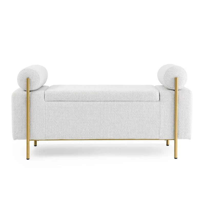 Banc de rangement élégant rembourré avec accoudoirs cylindriques et pieds en fer