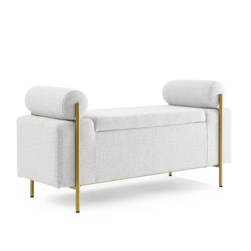 Banc de rangement élégant rembourré avec accoudoirs cylindriques et pieds en fer