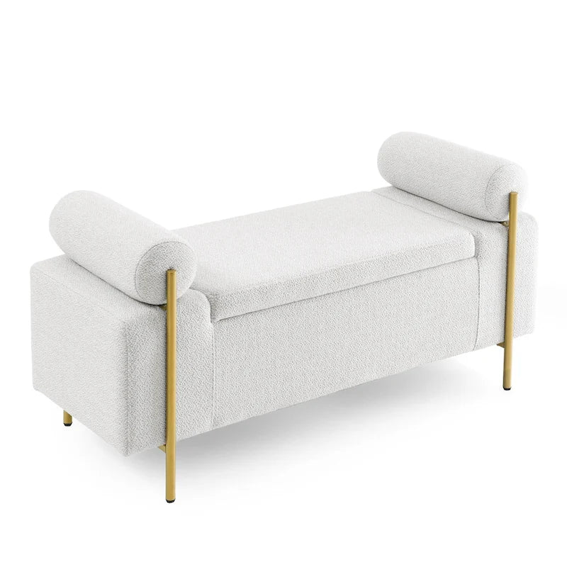 Banc de rangement élégant rembourré avec accoudoirs cylindriques et pieds en fer