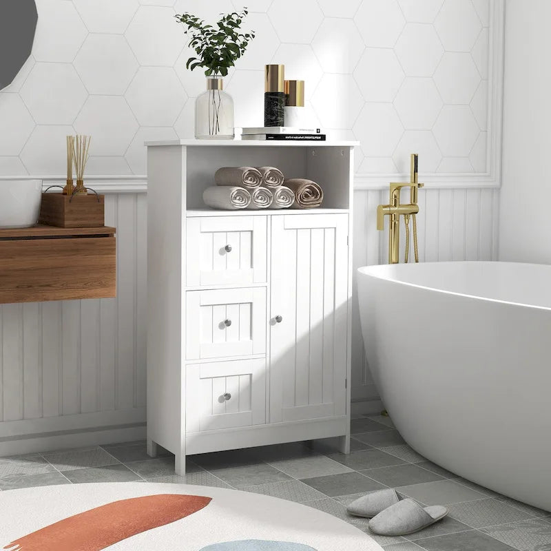 Meuble de rangement de salle de bain blanc sur pied avec 3 tiroirs et 1 porte