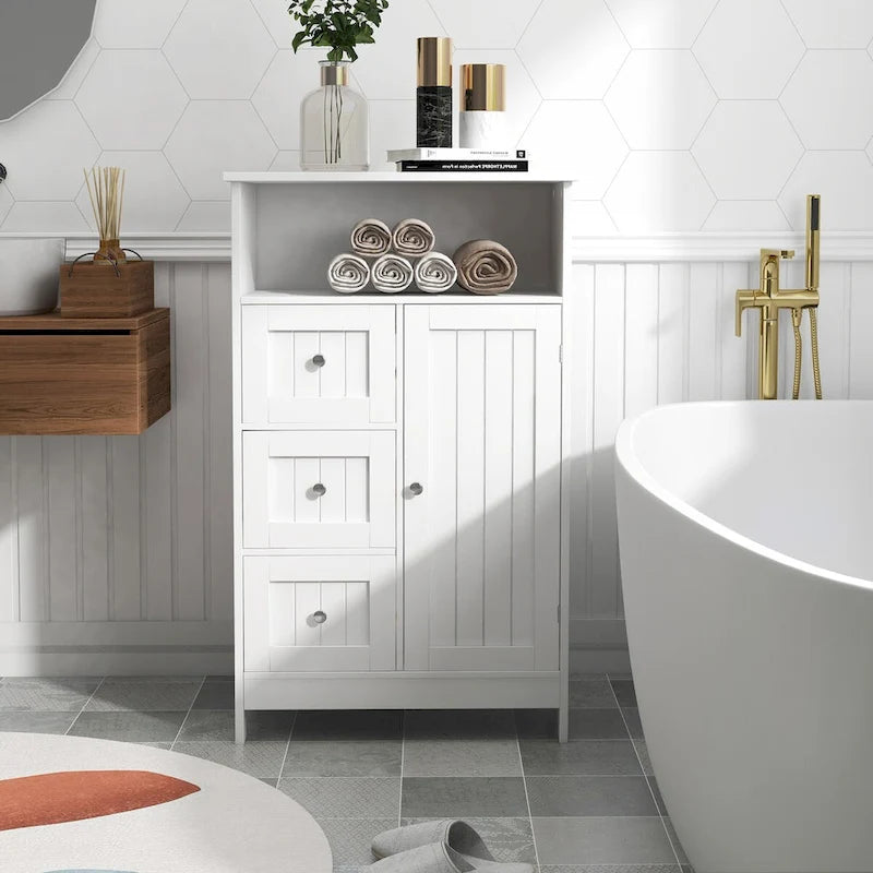 Meuble de rangement de salle de bain blanc sur pied avec 3 tiroirs et 1 porte