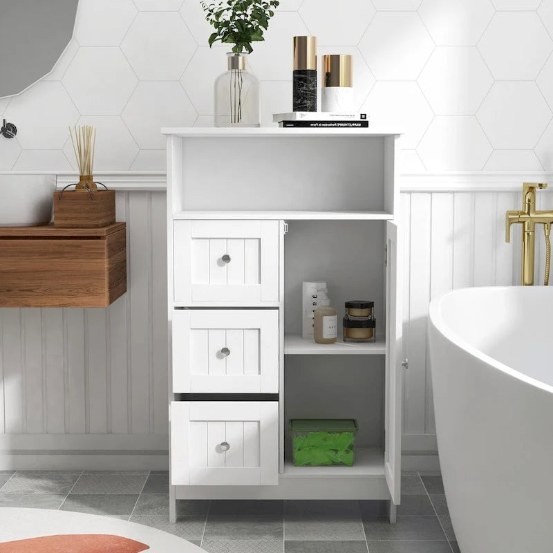Meuble de rangement de salle de bain blanc sur pied avec 3 tiroirs et 1 porte